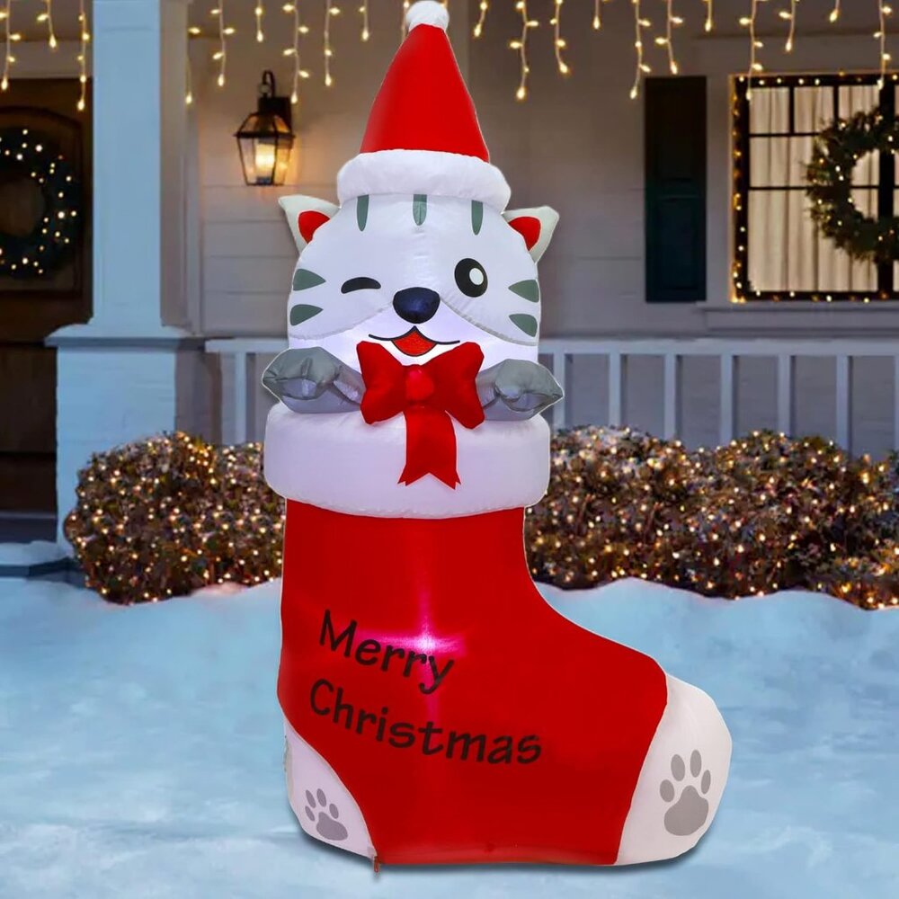 5 FT Christmas Inflatables Outdoor Decorations, Inflatable Kitten in Xmas Stocki